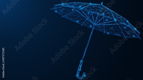 An umbrella that protects from rain and sun. Low-poly design of interconnected lines and dots. Blue background.