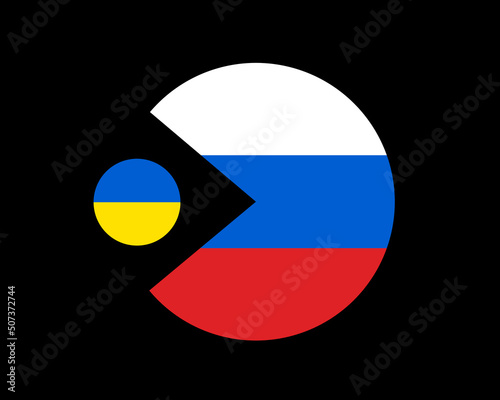 Small Ukraine is seized and captured by large Russia - Russian occupation, annexation of country and nation. Vector illustration isolated on black.