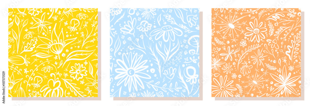 White flowers with blue background. Vector illustration. Seamless pattern.