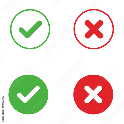 Green check mark,sign and red cross icon isolated on white background.Vector illustration