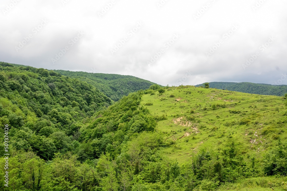 Fototapeta premium Alpine meadows, foggy mountains at Abkhazia (Kodori Gorge)