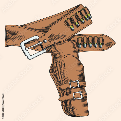 Cowboy belt and empty revolver holster isolated on a beige background.