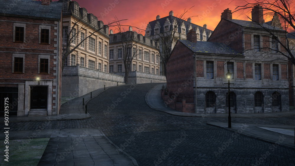 Wide empty cobbled street leading up hill in an old Victorian steampunk city. 3D illustration.