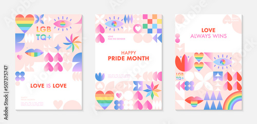Pride month poster templates.LGBTQ+ community vector illustrations  in bauhaus style with geometric elements and rainbow lgbt symbols.Human rights movement concept.Gay parade.Colorful cover designs. © Xenia Artwork 