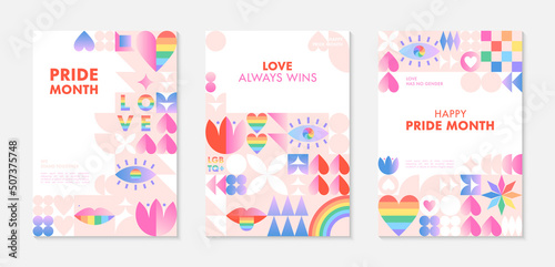 Pride month poster templates.LGBTQ+ community vector illustrations in bauhaus style with geometric elements and rainbow lgbt symbols.Human rights movement concept.Gay parade.Colorful cover designs.