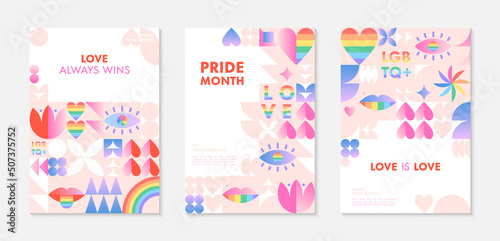 Pride month poster templates.LGBTQ  community vector illustrations  in bauhaus style with geometric elements and rainbow lgbt symbols.Human rights movement concept.Gay parade.Colorful cover designs.