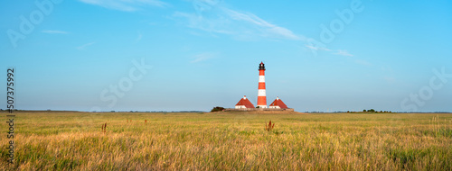 Panoramic view of Westerheversand Lighthouse, Westerhever, Nordfriesland, Schleswig-Holstein, Germany