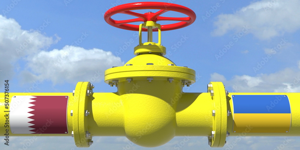QATAR UKRAINE gas or oil transit concept. Pipe with valve, 3D rendering QATAR UKRAINE gas or oil transit concept. Pipe with valve, 3D rendering