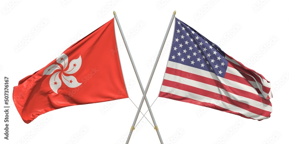Flags of the USA and Hong Kong on white background. 3D rendering Flags of the USA and Hong Kong on white background. 3D rendering