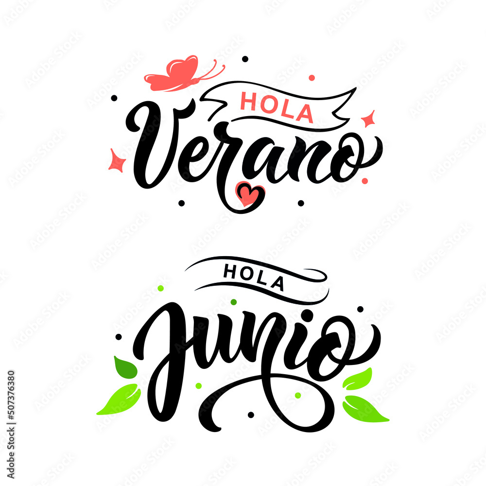 Hola Verano -Hello Summer in Spanish handwritten text, modern brush calligraphy lettering typography. Summer postcard, invitation, flyer, poster, logo. Vector illustration isolated on white background