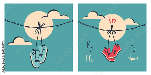 Sneakers hanging in retro style. Pair of shoes with tied laces dangling on a string. Vector flat illustration with lettering for banner, poster, cover art