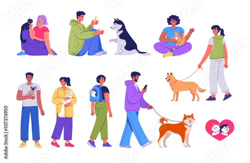 Happy young people playing and walking with their cute pets