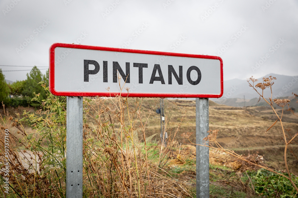 village entry sign at Pintano, province of Zaragoza, Aragon, Spain