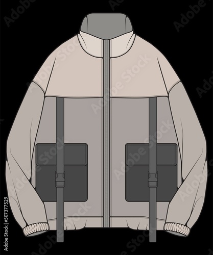 Windbreaker jacket technical fashion illustration multicolor , long sleeves, welt pockets. template front jacket, with black color background. Women, men, unisex.

