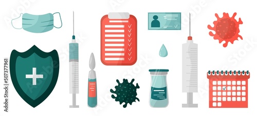 Set vector items for vaccination against covid-19, coronavirus vaccine, vaccine development. Syringe, injection, medications, vitamins, calendar with date. Use advertising, banner, poster, promotion.