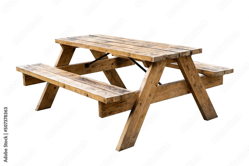 Modern outdoor wooden large bench with a table. isolated. Modern outdoor wooden large bench with a table. isolated.