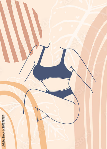 Abstract poster with woman in swimsuit. Female body in lingerie in minimalist boho style.