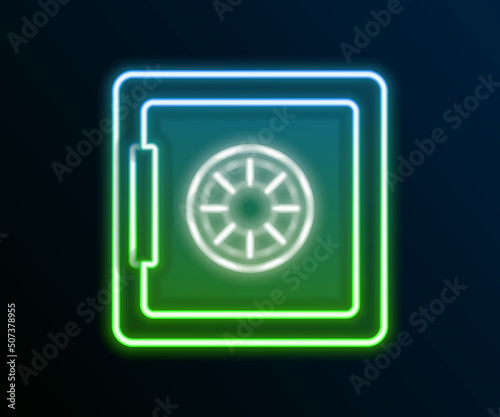 Glowing neon line Safe icon isolated on black background. The door safe a bank vault with a combination lock. Reliable Data Protection. Colorful outline concept. Vector