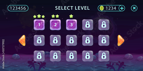 Level selection gaming screen. Select level panel.