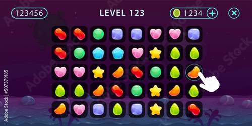 Match 3 gaming screen. Cartoon GUI with game board