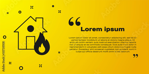 Black Fire in burning house icon isolated on yellow background. Vector