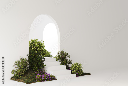 Empty white room with arch door and stairs with composition of a hill with flowers and trees. Product presentation space or gallery. Nature pedestal.3D background. Studio 3D render illustration