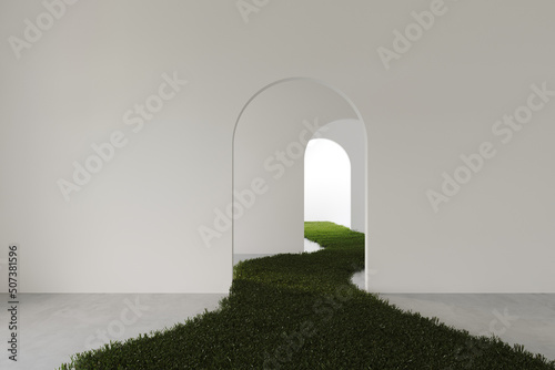3D render empty white room with arch door and with a grass path, wall design and concrete floor, abstract minimalist corridor with lawn photo