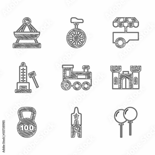 Set Toy train, Circus ticket, Balloons with ribbon, Castle, Weight, Striker attraction hammer, Fast street food cart and Boat swing icon. Vector