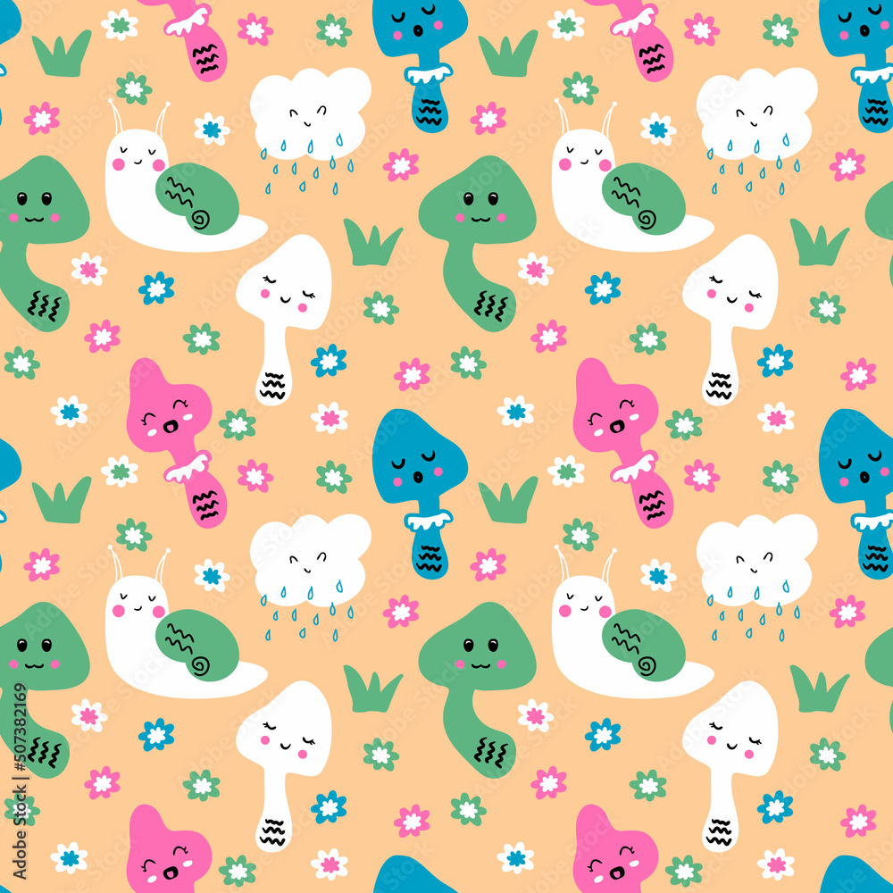 Hand drawn cute mushrooms seamless pattern in hippie aesthetic style. Perfect for T-shirt, textile and print. Nature doodle background for decor and design. Hand drawn cute mushrooms seamless pattern in hippie aesthetic style. Perfect for T-shirt, textile and print. Nature doodle background for decor and design.