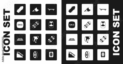 Set Skateboard, Broken skateboard, Baseball cap, park, Longboard or and stairs with rail icon. Vector