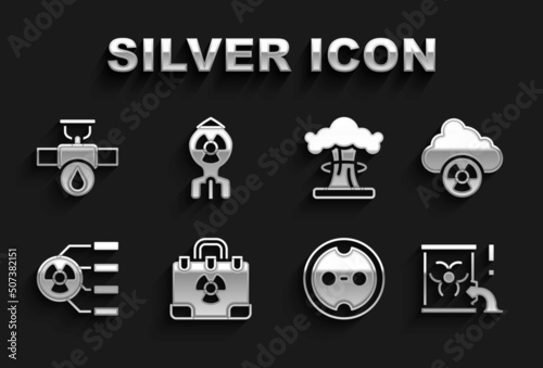 Set Radiation nuclear suitcase, Acid rain and radioactive cloud, Radioactive waste barrel, Electrical outlet, Nuclear explosion, Industry pipe valve and bomb icon. Vector
