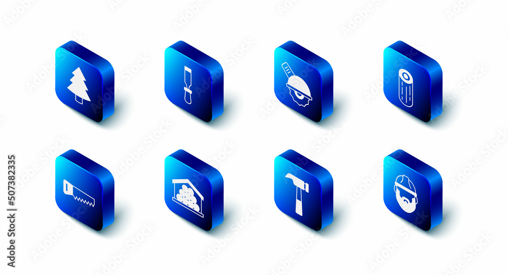 Set Chisel tool, Electric circular saw, Wooden logs, Lumberjack, Hammer, Hand and Christmas tree icon. Vector Set Chisel tool, Electric circular saw, Wooden logs, Lumberjack, Hammer, Hand and Christmas tree icon. Vector
