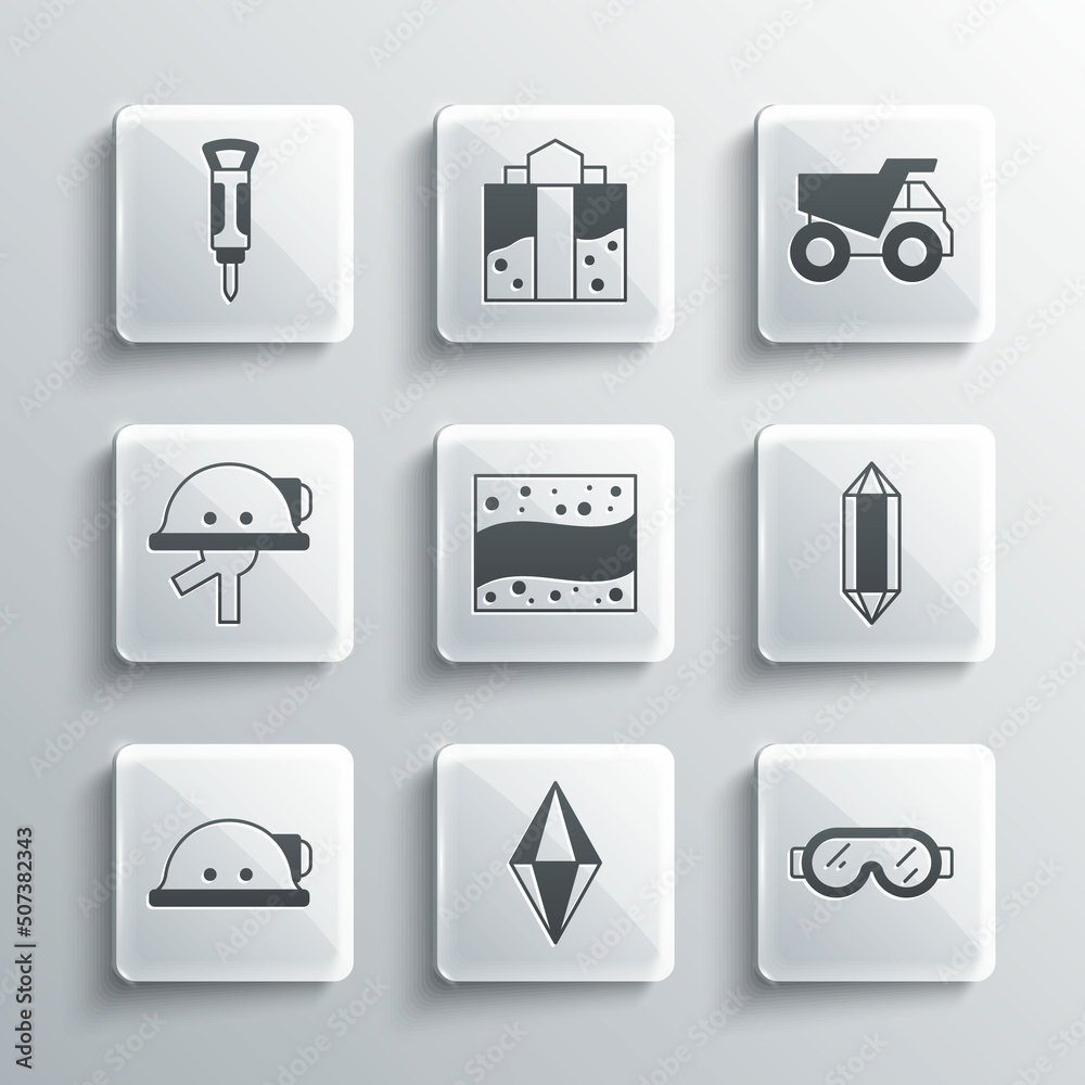 Set Gem stone, Safety goggle glasses, Gold mine, Miner helmet, Construction jackhammer and Mining dump truck icon. Vector Set Gem stone, Safety goggle glasses, Gold mine, Miner helmet, Construction jackhammer and Mining dump truck icon. Vector