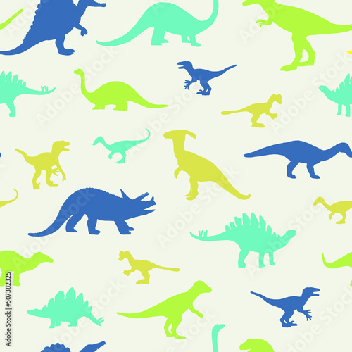 Fototapeta Naklejka Na Ścianę i Meble -  Set of dinosaurs silhouette seamless pattern colorful background