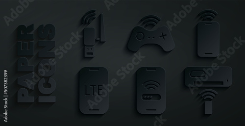 Set Mobile with wi-fi wireless, LTE network, Air conditioner, Wireless gamepad and Usb adapter icon. Vector