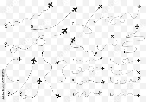 Airplane routes on transparent background. Romantic travel concept. Airplane line path, vector icon of air plane flight route on white background. Vector illustration.