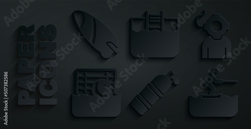Set Aqualung, Water polo, skiing man, Swimming pool with ladder and Surfboard icon. Vector
