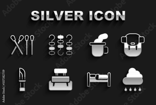 Set Bench, Hiking backpack, Cloud with rain, Bed, Knife, Cup of tea, Match stick and Grilled shish kebab on skewer icon. Vector