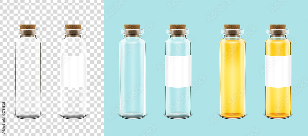 Empty Glass Bottle with Wooden Cork and label on transparent background. Oil, Vinegar, Honey, Apple juice, Apple cider, wine bottle on light blue background ready for your design. Packaging vector Empty Glass Bottle with Wooden Cork and label on transparent background. Oil, Vinegar, Honey, Apple juice, Apple cider, wine bottle on light blue background ready for your design. Packaging vector