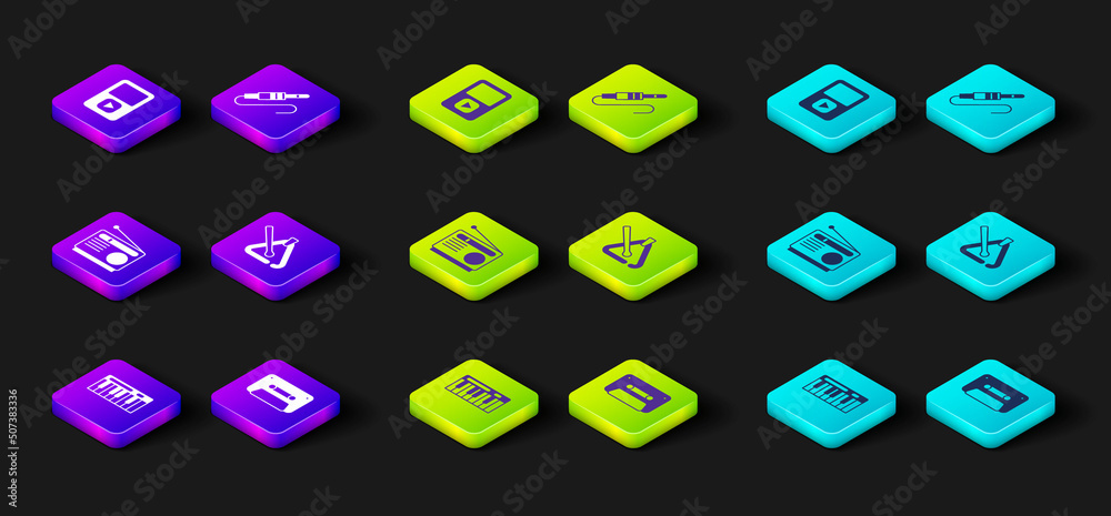 Set Music synthesizer, Retro audio cassette tape, Radio, Triangle musical instrument, Audio jack and player icon. Vector Set Music synthesizer, Retro audio cassette tape, Radio, Triangle musical instrument, Audio jack and player icon. Vector