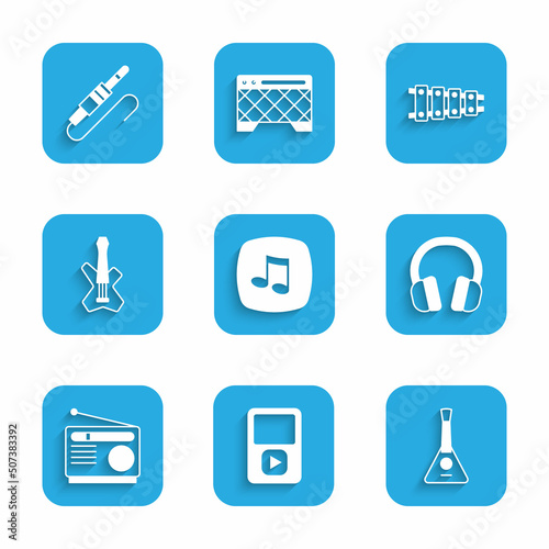 Set Music note, tone, player, Balalaika, Headphones, Radio, Electric bass guitar, Xylophone and Audio jack icon. Vector