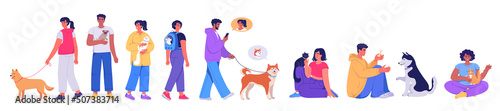 Happy young people playing and walking with their cute pets. Cartoon characters design