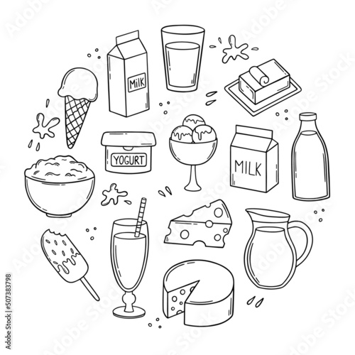 Hand drawn set of Milk and Dairy Products doodle.  Farm food: cheese, butter, yogurt, milk, ice cream, cottage cheese in sketch style.  Vector illustration isolated on white background.