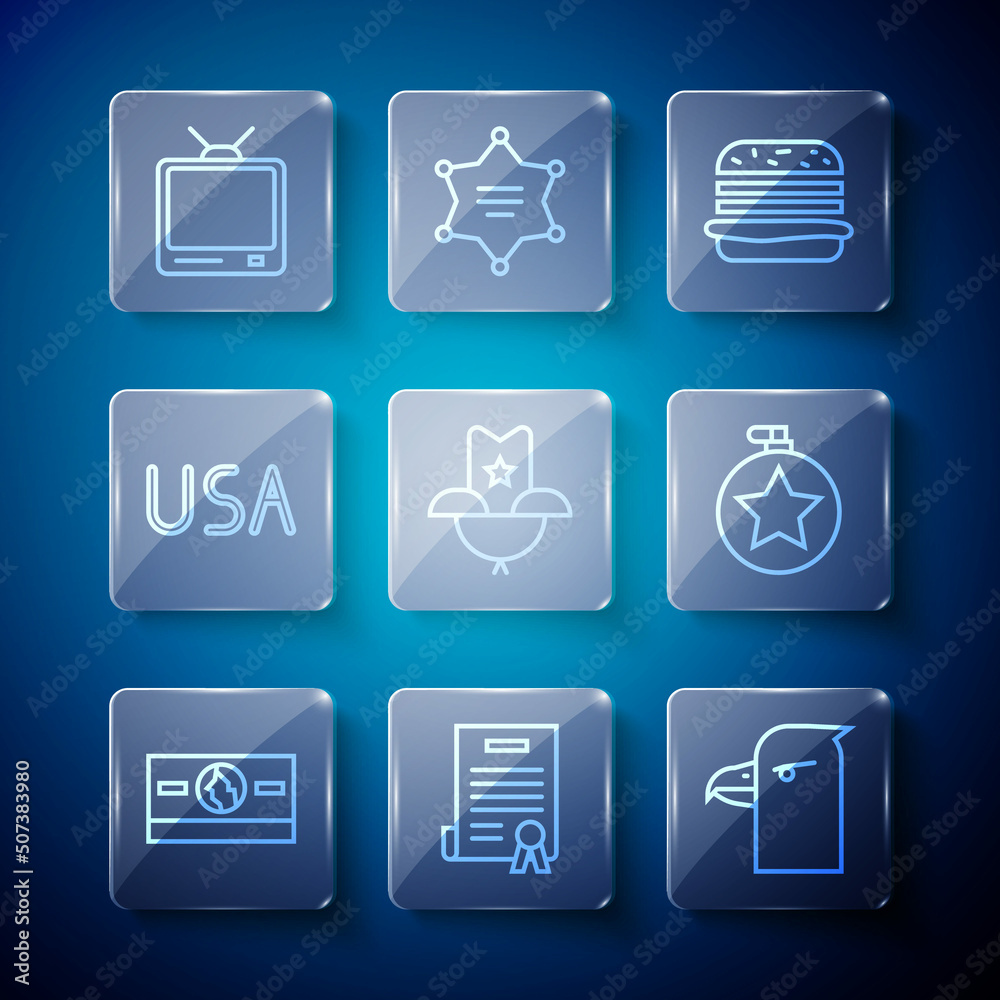 Set line Stacks paper money cash, Declaration of independence, Eagle head, Burger, Western cowboy hat, USA label, Retro tv and Canteen water bottle icon. Vector Set line Stacks paper money cash, Declaration of independence, Eagle head, Burger, Western cowboy hat, USA label, Retro tv and Canteen water bottle icon. Vector