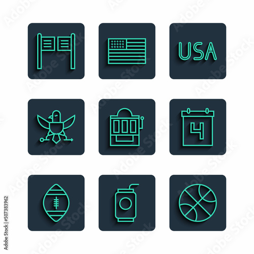 Set line American Football ball, Soda with straw, Basketball, USA label, Slot machine, Eagle, Saloon door and Calendar date July 4 icon. Vector