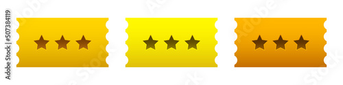 Cartoon yellow ticket with three stars. Vector set isolated on white background. Vector clipart.