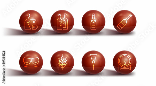 Set line Beer tap with glass, Glass of cognac or brandy, Opened bottle wine, champagne, Hop, Bottles, Wooden barrel on rack and Champagne icon. Vector