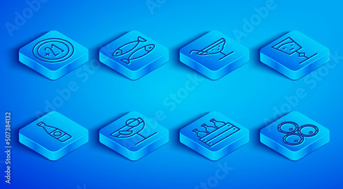Set line Alcohol 21 plus, Dried fish, Cocktail, Bottles of wine in wooden box, Wine glass, Beer bottle and Wooden barrels icon. Vector
