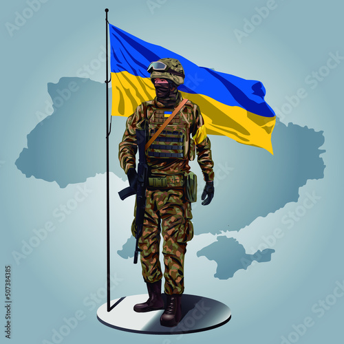 ukrainian soldier with ukrainian flag and map behind.