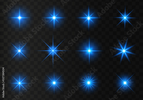 Set of glowing light stars on a transparent background. Transparent shining sun, star explodes and bright flash. Blue bright illustration starburst. 